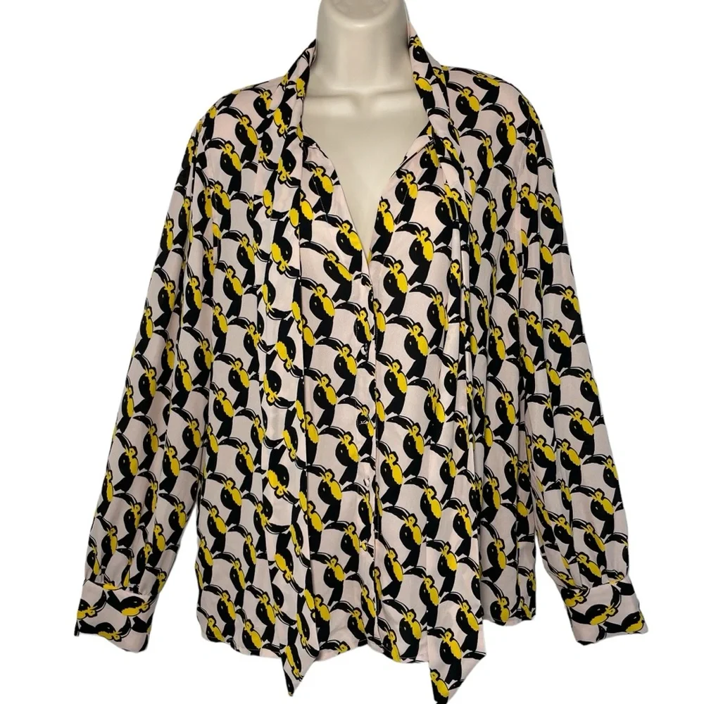 Avec Les Filles pink toucan print blouse neck bow button down sz xl - Picture 6 of 10